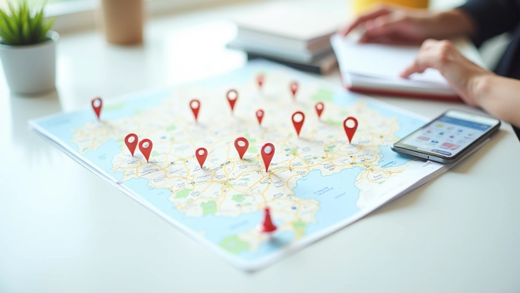 Kaart met lokale bedrijfslocaties en Google My Business pinnen